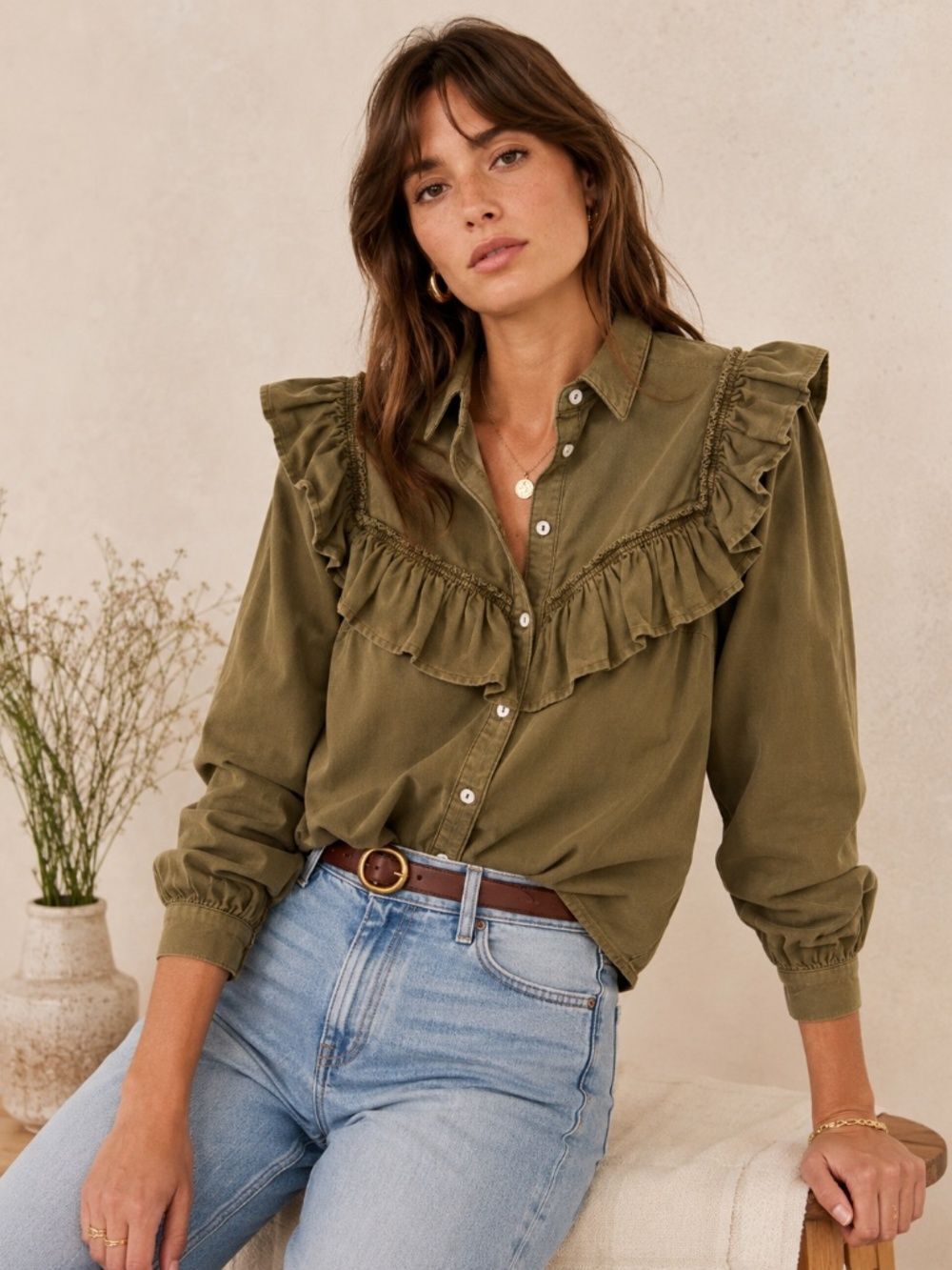 Pilcro Anthropologie Olive Green Ruffle Button Down Shirt Cotton Western Prairie